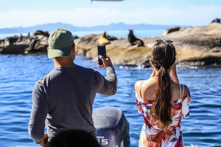 a couple of people that are standing in a body of water