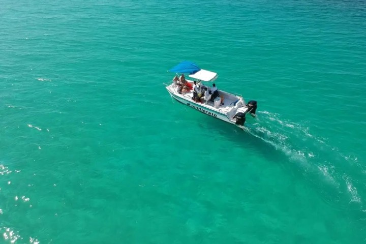 Small motorboat with people on turquoise water under a blue canopy.